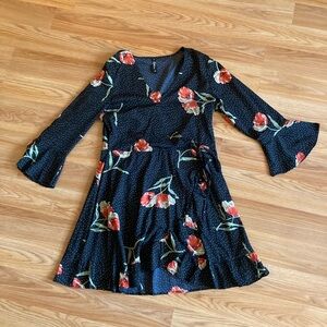 Asos dress, V neck wrap dress with tie waist and loose ruffle edges